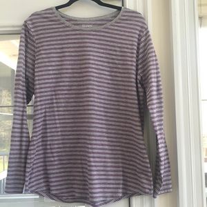 Long sleeve T-shirt. Gray with purple stripes. Size XL